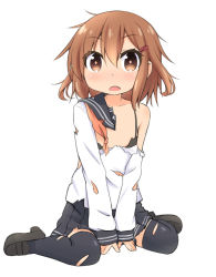 Rule 34 | 10s, 1girl, black bra, bra, brown eyes, brown hair, fang, ikazuchi (kancolle), kantai collection, looking at viewer, miyako hito, open mouth, personification, pleated skirt, school uniform, serafuku, short hair, skirt, solo, thighhighs, torn clothes, torn thighhighs, underwear, white background, zettai ryouiki