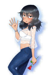 Rule 34 | 1girl, alternate hairstyle, andou (girls und panzer), black eyes, black hair, blue pants, blush, bracelet, casual, commentary request, cowboy shot, dark-skinned female, dark skin, denim, flower, from side, girls und panzer, half-closed eyes, holding, holding flower, jeans, jewelry, long sleeves, looking at viewer, low twintails, medium hair, messy hair, midriff peek, open mouth, pants, red flower, red rose, ring, rose, salt-apple, see-through, shirt, solo, standing, twintails, white shirt