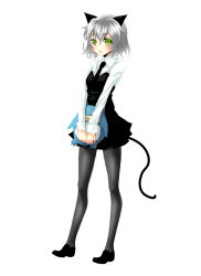 Rule 34 | 1girl, animal ears, bad id, bad pixiv id, black pantyhose, cat ears, cat girl, cat tail, female focus, full body, green eyes, highres, iwamoto eiri, legs, necktie, pantyhose, sanya v. litvyak, short hair, silver hair, simple background, solo, strike witches, tail, white background, world witches series