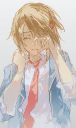 Rule 34 | 1girl, ardbf, blazer, blue jacket, brown hair, closed eyes, collared shirt, commentary, crying, facing viewer, hair ornament, hair over one eye, hairclip, heaven burns red, jacket, kayamori ruka, long sleeves, necktie, red necktie, shirt, short hair, solo, tearing up, upper body, white background, white shirt
