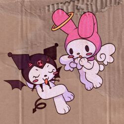Rule 34 | angel wings, arms behind head, black hood, blush stickers, cardboard, closed eyes, crossed legs, cryptidhermit, demon tail, demon wings, eyelashes, halo, kuromi, my melody, no humans, onegai my melody, open mouth, sanrio, solid oval eyes, tail, white wings, wings, yellow halo