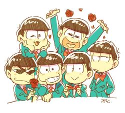 Rule 34 | 10s, 6+boys, bad id, bad twitter id, bow, bowtie, brothers, brown hair, dogpile, flower, formal, hands in pockets, head rest, heart, heart in mouth, jitome, male focus, matsuno choromatsu, matsuno ichimatsu, matsuno jyushimatsu, matsuno karamatsu, matsuno osomatsu, matsuno todomatsu, messy hair, multiple boys, necktie, osomatsu-kun, osomatsu-san, osomatsu (series), pulaco, rose, sextuplets, siblings, simple background, smile, suit, traditional bowtie, upper body, white background