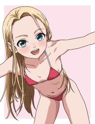 Rule 34 | 1girl, belly, bikini, blonde hair, blue eyes, blush, border, borrowed character, child, commentary request, cowboy shot, female focus, flat chest, highres, jaggy lines, leaning forward, long hair, looking at viewer, navel, original, outstretched arms, pink background, red bikini, sasha (haguhagu), smile, solo, standing, swimsuit, tamaya, thighs, two-tone background, upper body, white border