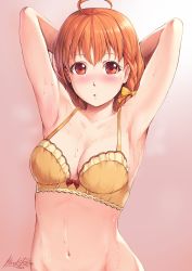 Rule 34 | 1girl, :o, ahoge, armpits, arms behind back, arms up, blush, bow, bra, braid, breasts, cleavage, collarbone, gradient background, hair bow, highres, hiroki ree, looking at viewer, love live!, love live! sunshine!!, medium breasts, navel, parted lips, pink background, red eyes, short hair, side braid, signature, solo, sweat, takami chika, tareme, underwear, underwear only, upper body, wet, yellow bow, yellow bra