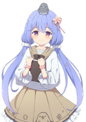 Rule 34 | 1girl, black bow, black bowtie, blue hair, blush, book, bow, bowtie, brown sailor collar, brown skirt, closed mouth, commission, cowboy shot, dot nose, flower, frilled skirt, frills, hair between eyes, hair flower, hair ornament, hair ribbon, hair scrunchie, highres, holding, holding book, long hair, long sleeves, looking at viewer, low-tied long hair, hugging object, orange eyes, original, own hands together, pink flower, pleated skirt, purple eyes, raised eyebrows, red ribbon, ribbon, sailor collar, scrunchie, shirt, sidelocks, simple background, skeb commission, skirt, smile, solo, straight-on, two-tone eyes, tyakomes, white background, white scrunchie, white shirt, wrist scrunchie