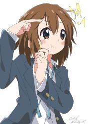 Rule 34 | 1girl, absurdres, artist name, blazer, blue jacket, blue ribbon, blush, brown eyes, brown hair, closed mouth, collared shirt, commentary request, cynical (llcbluckg c004), hair ornament, hairclip, highres, hirasawa yui, holding, holding hair ornament, jacket, k-on!, long sleeves, neck ribbon, open clothes, open jacket, ribbon, sakuragaoka high school uniform, school uniform, shirt, short hair, simple background, solo, twitter username, upper body, watermark, white background, white shirt