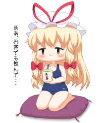 Rule 34 | 1girl, :3, alternate costume, barefoot, bebeneko, blonde hair, blue one-piece swimsuit, blush, chibi, commentary request, cup, hair ribbon, hat, hat ribbon, holding, holding cup, long hair, looking at viewer, mob cap, old school swimsuit, on pillow, one-piece swimsuit, orange eyes, pillow, ribbon, school swimsuit, seiza, sidelocks, simple background, sitting, solo, swimsuit, touhou, translation request, tress ribbon, very long hair, white background, white hat, yakumo yukari, yunomi