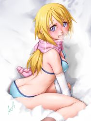 Rule 34 | 1girl, ^jj^, ass, bikini, blonde hair, blush, breasts, butt crack, charlotte dunois, cleavage, cold, elbow gloves, full-face blush, gloves, highres, infinite stratos, long hair, looking at viewer, open mouth, purple eyes, scarf, signature, sitting, snow, solo, swimsuit, wariza