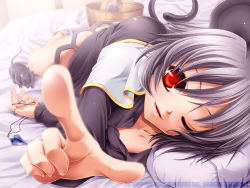 Rule 34 | 1girl, animal ears, bed, breasts, cleavage, female focus, foreshortening, grey hair, jewelry, mouse (animal), mouse ears, mouse tail, nazrin, pointing, red eyes, smile, socks, solo, tail, touhou, uraomote, white socks