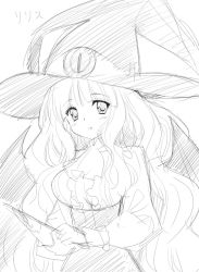 Rule 34 | 00s, 1girl, blush, breasts, character name, greyscale, hat, kani biimu, large breasts, lilith (yamibou), long hair, looking at viewer, monochrome, pencil skirt, simple background, sketch, skirt, smile, solo, translated, white background, witch hat, yami to boushi to hon no tabibito