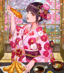 Rule 34 | 1girl, arm up, blush, bowl, brown eyes, brown hair, canking, commentary request, day, fingernails, floral print, flower, food, hair flower, hair ornament, highres, holding, holding food, indoors, japanese clothes, kimono, long sleeves, looking at viewer, looking to the side, nail polish, obi, open mouth, original, petals, pink flower, pink kimono, pink nails, pink rose, print kimono, rose, sash, sidelocks, solo, teeth, tempura, upper teeth only, water, wide sleeves, window