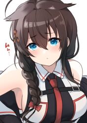Rule 34 | 1girl, absurdres, ahoge, bare shoulders, blue eyes, blush, braid, breasts, brown hair, closed mouth, dyson (edaokunnsaikouya), hair between eyes, hair flaps, hair ornament, heart, heart-shaped pupils, highres, kantai collection, large breasts, long hair, looking at viewer, necktie, pout, red necktie, revision, shigure (kancolle), shigure kai san (kancolle), simple background, single braid, solo, symbol-shaped pupils, upper body, white background