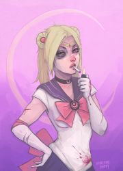 Rule 34 | 1990s (style), 1girl, bandaid, bandaid on face, bandaid on nose, beaten, bishoujo senshi sailor moon, blonde hair, blood, blue eyes, blue sailor collar, bow, bruise, bruised eye, choker, cigarette, corruption, cuts, dark persona, double bun, elbow gloves, gloves, hair ornament, injury, lighter, lipstick, long hair, magical girl, makeup, out of character, pancake puppy, red bow, retro artstyle, sailor collar, sailor moon, skirt, smoking, solo, tiara, torn clothes, torn gloves, tsukino usagi, twintails, white gloves
