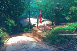 Rule 34 | banner, grass, highres, kaminogi ryuuichi, no humans, original, outdoors, photorealistic, plant, railing, realistic, scenery, sign, stairs, stone lantern, sunlight, tree
