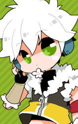 Rule 34 | 1boy, armband, black gloves, brown gloves, brown shirt, commentary request, crop top, fingerless gloves, fur-trimmed gloves, fur-trimmed shirt, fur trim, gloves, green background, green eyes, hair between eyes, headphones, kano (coyotehunt), looking at viewer, male focus, ragnarok online, shirt, short hair, sleeveless, sleeveless shirt, sniper (ragnarok online), solo, star (symbol), star in eye, striped, striped background, symbol in eye, two-tone gloves, two-tone shirt, upper body, white hair, yellow shirt