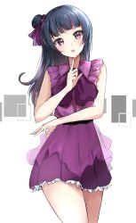 Rule 34 | 1girl, absurdres, bare arms, bare shoulders, bow, collared dress, commentary request, dress, hair bun, head tilt, highres, long hair, love live!, love live! sunshine!!, open mouth, pleated dress, purple bow, purple dress, red eyes, see-through, side bun, sin (sin52y), single hair bun, single side bun, sleeveless, sleeveless dress, solo, tsushima yoshiko, white background
