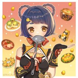 Rule 34 | 1girl, armlet, black gloves, black hair, blunt bangs, braid, chinese clothes, commentary request, covering own mouth, eating, elbow gloves, fingerless gloves, food, genshin impact, gloves, guoba (genshin impact), hair ornament, hairclip, highres, holding, holding ladle, karanashi mari, ladle, long hair, looking away, looking to the side, plate, red panda, sidelocks, thick eyebrows, twin braids, xiangling (genshin impact), yellow eyes