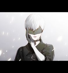 Rule 34 | 1boy, absurdres, android, belt, black choker, black jacket, blindfold, choker, covered eyes, feather-trimmed sleeves, highres, jacket, kazari tayu, letterboxed, nier:automata, nier (series), tears, vambraces, white hair, 9s (nier:automata)