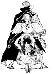 Rule 34 | 1girl, 2boys, absurdres, angel wings, black hair, blush, breasts, dress, father and daughter, happy, hat, highres, holding, holding sword, holding weapon, jolly roger, large breasts, looking at viewer, looking to the side, monkey d. luffy, monochrome, multicolored hair, multiple boys, official alternate costume, one piece, one piece film: red, red eyes, scar, scar across eye, shanks (one piece), short hair, simple background, sitting, skull print, standing, straw hat, sword, tears, two-tone hair, uta (one piece), weapon, white background, white dress, wings, yotsumi shiro