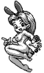 Rule 34 | 1girl, america oudan ultra quiz, anal, anal beads, anal object insertion, ass, barefoot, breasts, from behind, index finger raised, large breasts, long hair, looking at viewer, monochrome, navel, nude, object insertion, open mouth, pixel art, rabbit ears, saiwai hiroshi, sex toy, smile, uffun bunny