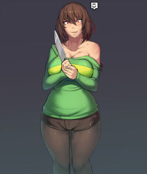 Rule 34 | 1girl, :p, aged up, breasts, brown hair, chara (undertale), cleavage, hair between eyes, knife, large breasts, pantyhose under shorts, long hair, looking at viewer, metal owl (aden12), off shoulder, pantyhose, pantyhose under shorts, red eyes, saliva, short shorts, shorts, simple background, smile, solo, spoilers, sweater, thighs, tongue, tongue out, undertale, wide hips