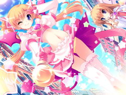 Rule 34 | 2girls, blonde hair, blue eyes, chime milhawks, game cg, gloves, long hair, long sleeves, magical girl, multiple girls, navel, one eye closed, panties, pantyshot, primary ~magical trouble scramble~, sharon elfina, skirt, smile, standing, striped clothes, striped panties, tail, thighhighs, tsurugi hagane, twintails, underwear, v, wand, wink