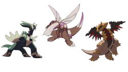 Rule 34 | animal focus, black sclera, black wings, claws, colored sclera, creatures (company), crystal, dialga, diamond (gemstone), from above, from below, full body, game freak, gem, gen 4 pokemon, giratina, giratina (altered), highres, leg up, legendary pokemon, looking down, nintendo, no humans, palkia, pearl (gemstone), pokemon, pokemon (creature), red eyes, simple background, spikes, standing, v (govvvvw), white background, wings