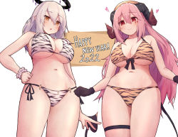 Rule 34 | 2022, 2girls, animal print, bikini, black gloves, breasts, brown eyes, chinese zodiac, demon girl, demon tail, gloves, halo, happy new year, heart, highres, large breasts, long hair, looking at viewer, multiple girls, navel, new year, original, pink hair, print bikini, red eyes, silver hair, simple background, smile, swimsuit, tail, tiger print, toria (triazolamb), underboob, very long hair, white background, year of the tiger