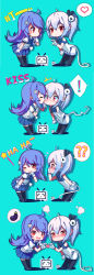 Rule 34 | !, 2girls, :&lt;, ?, absurdres, bbsucg, belt, bili girl 22, bili girl 33, bilibili, black legwear, blue hair, blue neckwear, blue skirt, blush, chibi, closed mouth, collared shirt, comic, constricted pupils, eggplant, closed eyes, facing another, gloves, hair ornament, heart, heart hands, heart hands duo, highres, kiss, long hair, multiple girls, necktie, one eye closed, open mouth, pantyhose, parted lips, play button, red eyes, shirt, short hair, short ponytail, side ponytail, skirt, smile, speech bubble, spoken exclamation mark, spoken heart, spoken question mark, tail, thighhighs, tongue, tongue out, white gloves, white skirt, yuri