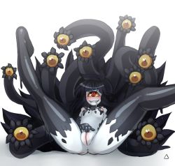 Rule 34 | 1girl, anus, astralseven, bad id, bad tumblr id, black hair, black skin, blush, breasts, cleft of venus, collaboration, colored sclera, colored skin, colorized, cyclops, drooling, extra eyes, female masturbation, gazer (monster girl encyclopedia), highres, long hair, lying, masturbation, monorus, monster girl, monster girl encyclopedia, multicolored skin, on back, one-eyed, pale skin, pussy, red eyes, rolling eyes, sharp teeth, simple background, small breasts, smile, solo, spread legs, teeth, tentacles, two-tone skin, uncensored, white skin, yellow sclera