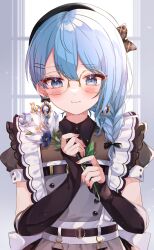 Rule 34 | 1girl, black headwear, blue eyes, blue hair, blush, braid, closed mouth, commentary, earrings, elbow gloves, flower, frilled sleeves, frills, glasses, gloves, hair between eyes, highres, hololive, hoshimachi suisei, hoshimachi suisei (maid), jewelry, looking at viewer, maid, medium hair, puffy short sleeves, puffy sleeves, red nails, see-through, see-through sleeves, shain, short sleeves, smile, solo, star (symbol), star in eye, symbol-only commentary, symbol in eye, virtual youtuber, white flower