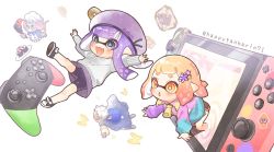 Rule 34 | 2girls, aqua jacket, black shorts, chibi, fang, floating, hair ornament, hand up, hat, inkling, inkling girl, inkling player character, jacket, long sleeves, multiple girls, nintendo, nintendo switch, nintendo switch pro controller, open mouth, orange eyes, orange hair, pink jacket, purple eyes, purple hair, purple headwear, short shorts, shorts, splatoon (series), star (symbol), star hair ornament, star in eye, sweater, symbol in eye, tambarin inoue, white background, white sweater, zipper
