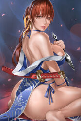 1girl absurdres artist_name ass bare_shoulders breasts brown_eyes brown_hair choker commentary dead_or_alive earrings english_commentary from_side hair_ribbon hand_on_own_chest highres holding holding_weapon jewelry kasumi_(doa) katana large_breasts lips long_hair looking_at_viewer looking_to_the_side off_shoulder parted_lips pelvic_curtain ponytail ribbon sheath sheathed single_earring sitting solo sword wariza weapon wtparadise yellow_ribbon