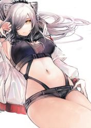Rule 34 | 1girl, aaoshigatoutoi, absurdres, animal ears, arknights, black scarf, black shorts, breasts, cat ears, cleavage, commentary, earpiece, grey hair, hair over one eye, hand up, highres, jacket, long hair, looking at viewer, lying, medium breasts, micro shorts, midriff, navel, on back, open clothes, open jacket, parted lips, ponytail, scarf, schwarz (arknights), shorts, simple background, solo, stomach day, thighs, very long hair, white background, white jacket, yellow eyes