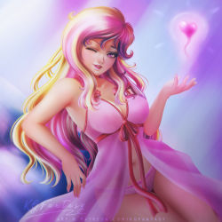 Rule 34 | 1girl, artist name, babydoll, bare shoulders, breasts, cadance (my little pony), hand up, humanization, kgfantasy, large breasts, lingerie, lips, long hair, looking at viewer, multicolored hair, my little pony, panties, parted lips, patreon username, princess, purple eyes, sitting, smile, solo, underwear, watermark, web address