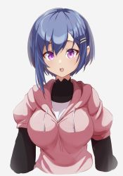 Rule 34 | 1girl, :o, absurdres, asymmetrical hair, blue hair, bokutachi no remake, breasts, commentary, cropped torso, english commentary, hair ornament, hairclip, high collar, highres, hood, hoodie, large breasts, open mouth, pink hoodie, purple eyes, reulem, shino aki, short hair, simple background, solo, surprised, teeth, upper body, upper teeth only, very short hair, white background