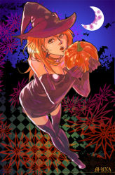 Rule 34 | 1girl, artist name, bare shoulders, boots, breasts, checkered background, cleavage, crescent moon, deneb rove, dress, earrings, elbow gloves, floral background, food, gloves, hat, holding, holding food, holding pumpkin, holding vegetable, ideissai, jewelry, leaning forward, lips, long hair, looking to the side, matching hair/eyes, microdress, moon, night, ogre battle, open mouth, orange eyes, orange hair, pumpkin, purple dress, purple footwear, purple gloves, purple hat, solo, star (symbol), star earrings, strapless, strapless dress, texture, thigh boots, thighhighs, vegetable, witch, witch hat, zettai ryouiki