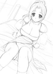 Rule 34 | 1990s (style), 1girl, arm support, bed, blush, breasts, cleavage, dutch angle, final fantasy, final fantasy vi, greyscale, hima, huge breasts, looking at viewer, monochrome, sketch, smile, solo, tina branford