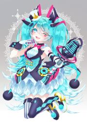 Rule 34 | 1055, 1girl, ;3, ;d, absurdres, aqua eyes, aqua hair, argyle, argyle clothes, argyle legwear, asymmetrical footwear, asymmetrical gloves, asymmetrical legwear, black footwear, black thighhighs, bow, bowtie, card, commentary, elbow gloves, facial mark, fang, full body, gloves, glowing, gradient background, grey background, hair between eyes, hair ornament, hand up, hat, hatsune miku, head tilt, highres, holding, holding card, holding microphone, jumping, long hair, looking at viewer, magical mirai (vocaloid), magical mirai miku, magical mirai miku (2019), microphone, mini hat, mini top hat, mismatched footwear, mismatched legwear, number tattoo, one eye closed, open mouth, outstretched arm, playing card, shoes, shoulder tattoo, skin fang, skirt, sleeveless, smile, solo, star-shaped pupils, star (symbol), striped clothes, striped thighhighs, symbol-shaped pupils, tattoo, thighhighs, top hat, twintails, uneven gloves, vertical-striped clothes, vertical-striped thighhighs, very long hair, vest, vocaloid, white footwear, white gloves, white skirt, wrist cuffs, zettai ryouiki