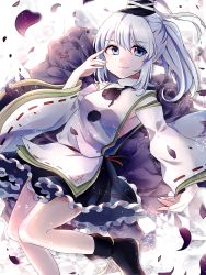 Rule 34 | 1girl, blue eyes, frilled skirt, frills, hat, highres, itsumizu, japanese clothes, kariginu, lace-trimmed sleeves, lace trim, long hair, long sleeves, looking at viewer, mononobe no futo, ponytail, ribbon, shoes, silver hair, skirt, smile, solo, tate eboshi, touhou, wide sleeves
