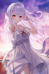 Rule 34 | 1girl, absurdres, bare arms, bare shoulders, breasts, cleavage, closed mouth, cloud, cloudy sky, commentary request, commission, dress, floating hair, funii, hair between eyes, hands up, highres, horizon, long hair, looking at viewer, medium breasts, nail polish, ocean, original, outdoors, pixiv commission, pleated dress, railing, red eyes, red nails, red ribbon, ribbon, silver hair, sky, sleeveless, sleeveless dress, smile, solo, sunset, very long hair, water, white dress
