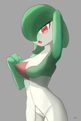 Rule 34 | 1girl, absurdres, arm behind head, arm up, artist name, bob cut, breasts, chenxing, collarbone, colored skin, cowboy shot, creatures (company), fang, female focus, game freak, gardevoir, gen 3 pokemon, green hair, green skin, grey background, groin, hair over one eye, hand up, highres, looking at viewer, medium breasts, multicolored skin, nintendo, one eye covered, open mouth, pokemon, pokemon (creature), red eyes, short hair, signature, simple background, skin fang, solo, standing, two-tone skin, white skin