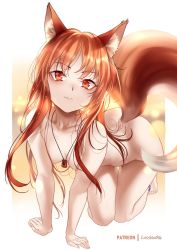 Rule 34 | 1girl, all fours, animal ear fluff, animal ears, arm support, bangs, barefoot, border, breasts, brown hair, closed mouth, collarbone, completely nude, convenient arm, eyebrows visible through hair, floating hair, highres, holo, long hair, looking at viewer, nude, red eyes, shiny, shiny hair, small breasts, smile, solo, spice and wolf, tail, thigh gap, very long hair, white border, wolf ears, wolf tail, zasshu