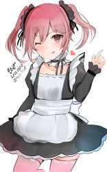 Rule 34 | 9610 (kuroto), absurdres, alternate costume, apron, black dress, commentary request, cowboy shot, dress, enmaided, hair bobbles, hair ornament, highres, kantai collection, looking at viewer, maid, one-hour drawing challenge, one eye closed, partial commentary, pink eyes, pink hair, pink thighhighs, sazanami (kancolle), short hair, simple background, standing, thighhighs, tongue, tongue out, twintails, white apron, white background