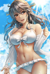 Rule 34 | 1girl, :d, alternate costume, bikini, black hair, blue sky, blush, breasts, brown eyes, cleavage, cloud, collarbone, cowboy shot, day, floating hair, frilled bikini, frills, groin, hair ornament, hairband, hairclip, haruna (kancolle), highres, jacket, kantai collection, kokuzou, large breasts, long hair, looking at viewer, navel, off shoulder, open clothes, open jacket, open mouth, outdoors, sky, smile, solo, stomach, sunlight, swimsuit, toned, white bikini, white jacket
