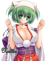 Rule 34 | 1girl, breasts squeezed together, breasts, cleavage, green eyes, green hair, haruno chigusa, japanese clothes, large breasts, matching hair/eyes, meguri hitohira., miko, norita, short hair, solo