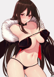 Rule 34 | 1girl, bare shoulders, black dress, black panties, blush, breasts, brown hair, center opening, choker, cleavage, cocq taichou, collarbone, commentary, dress, earrings, fate/grand order, fate (series), fur-trimmed jacket, fur trim, jacket, jewelry, large breasts, long hair, long sleeves, looking at viewer, multiple earrings, navel, no panties, panties, red eyes, revealing clothes, ribbon-trimmed dress, simple background, smile, solo, thighs, underwear, very long hair, white background, yu mei-ren (fate)