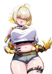 Rule 34 | 1girl, :3, ahoge, belly grab, black sports bra, blonde hair, blush, breasts, clothing cutout, colored inner hair, crop top, crop top overhang, cropped sweater, curvy, elegg (nikke), exposed pocket, gloves, gluteal fold, goddess of victory: nikke, grey shorts, hair intakes, hair over eyes, huge breasts, large breasts, long bangs, long sleeves, medium hair, micro shorts, midriff, multicolored clothes, multicolored gloves, multicolored hair, navel, open mouth, plump, shigatsu shizuki, shorts, shoulder cutout, simple background, smile, solo, sports bra, suspender shorts, suspenders, thigh gap, thigh strap, thighs, two-tone hair, white background