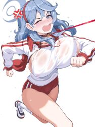 Rule 34 | 1girl, ako (blue archive), anger vein, animal collar, blue archive, blue eyes, blue hair, bouncing breasts, breasts, buruma, collar, hair between eyes, hairband, halo, hasaya, highres, jacket, large breasts, leash, leash pull, long hair, long sleeves, one eye closed, open clothes, open jacket, open mouth, red buruma, red hairband, running, sideboob, solo, sweat, track jacket, track suit