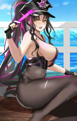 Rule 34 | 1girl, absurdres, bare shoulders, bikini, black bikini, black gloves, black hair, black hat, black pantyhose, blue sky, blush, breasts, covered navel, facial mark, fate/grand order, fate (series), fingerless gloves, forehead mark, gloves, halterneck, hat, highres, large breasts, long hair, looking at viewer, multicolored hair, musicatopos, open mouth, pantyhose, parted bangs, pink hair, police hat, ponytail, sessyoin kiara, sessyoin kiara (swimsuit mooncancer), sideboob, sky, smile, solo, streaked hair, swimsuit, thighs, traffic baton, very long hair, yellow eyes
